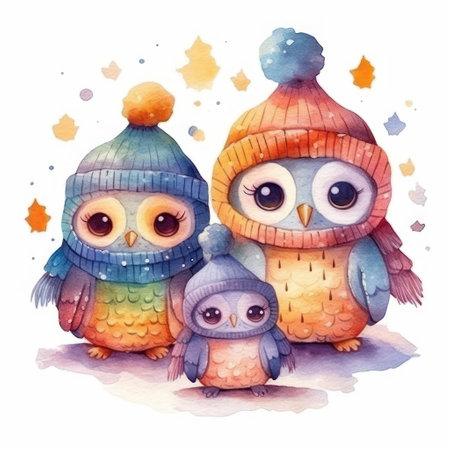 Watercolor illustration of cute owls in winter hats and scarvesの素材