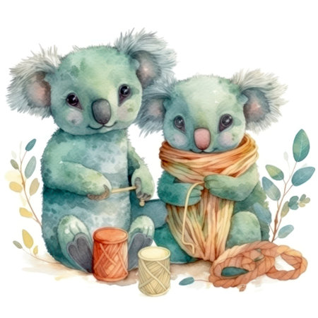 Watercolor illustration of two cute koalas with ball of yarn and knitting needlesの素材