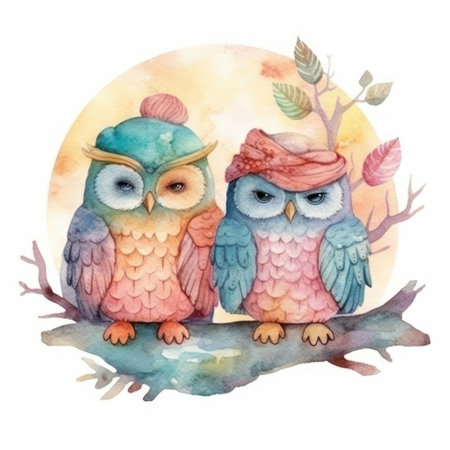 Watercolor illustration of two cute owls sitting on a tree branch.の素材