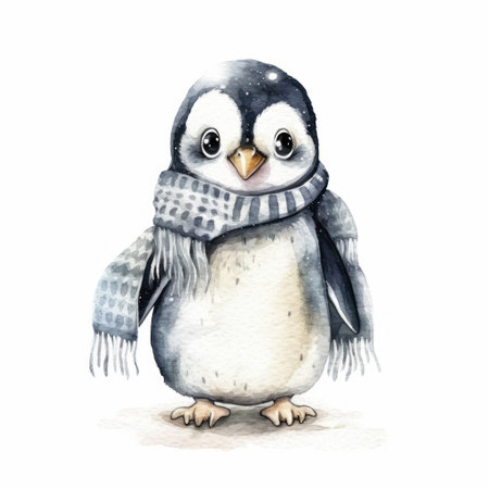 Cute penguin in scarf. watercolor illustration on white backgroundの素材