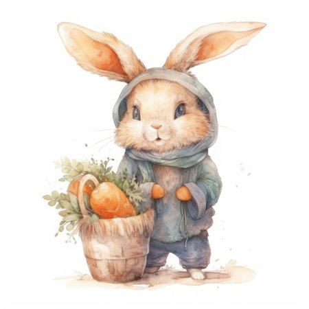 Easter bunny with a basket of eggs. watercolor illustration.の素材