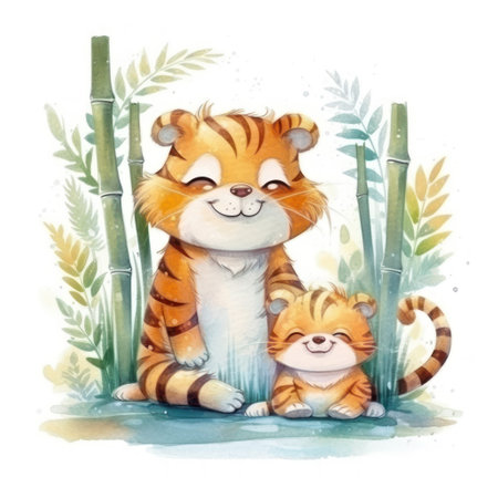 Watercolor illustration of a tiger with a cub in the bamboo forest.の素材