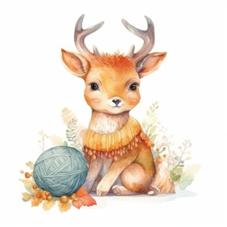 Cute watercolor illustration with a cute deer in a knitted scarf.の素材