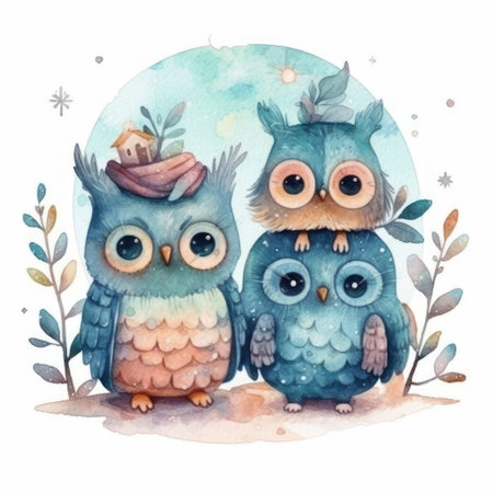 Watercolor illustration of two cute owls sitting on the snow in the winter.の素材