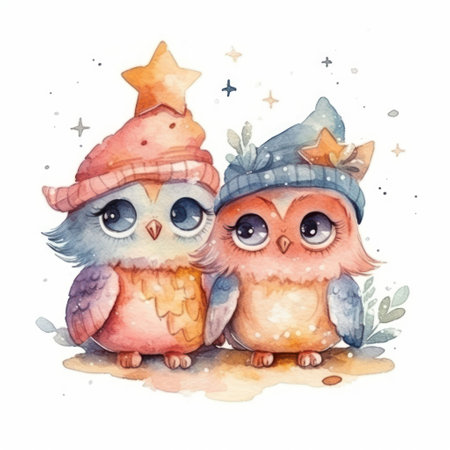 Watercolor illustration of two cute owls in hats and scarvesの素材