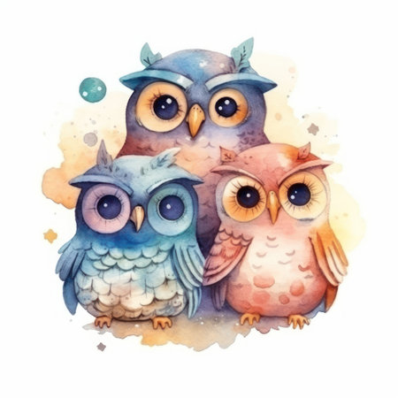 Cute watercolor owls. Hand drawn illustration isolated on white backgroundの素材