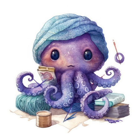 Watercolor cute octopus with a turban and a book.の素材