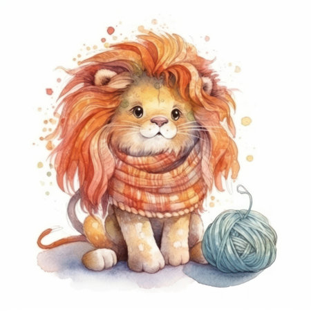 Watercolor cute lion in a scarf with a ball of yarn. hand drawn illustration.の素材