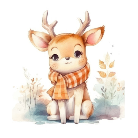 Cute cartoon deer with scarf. Watercolor illustration isolated on white backgroundの素材