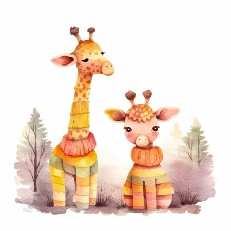 Watercolor illustration of two giraffes in warm sweaters.の素材