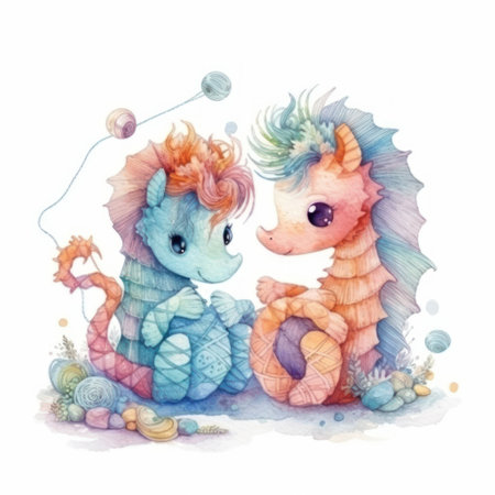 Watercolor illustration of a pair of cute seahorses with a ball of yarn.の素材