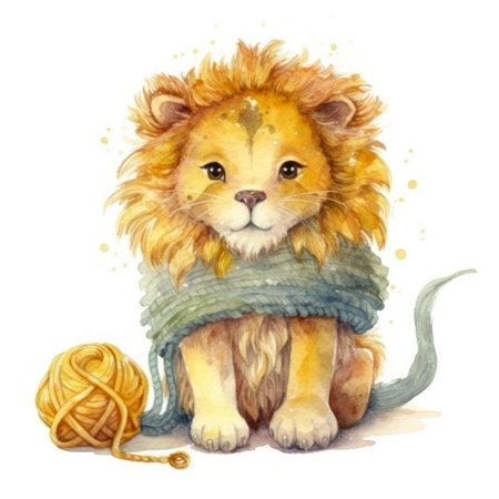 Watercolor cute lion in scarf and wool ball. hand drawn illustrationの素材