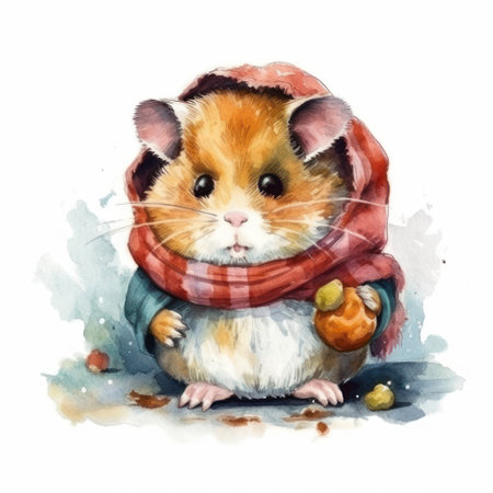 Cute hamster in a warm scarf. watercolor illustration.の素材