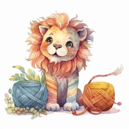 Watercolor illustration of a cute lion with a ball of yarn.の素材