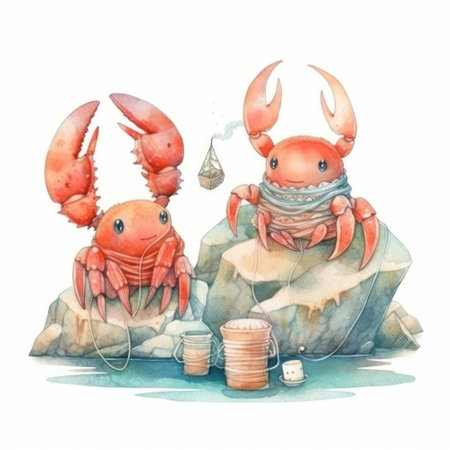 watercolor illustration of a pair of crabs sitting on a rock with a fishing rodの素材