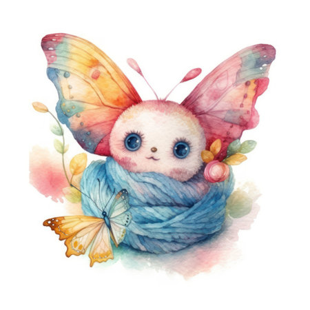 Watercolor cute butterfly with a ball of wool. hand drawn illustrationの素材