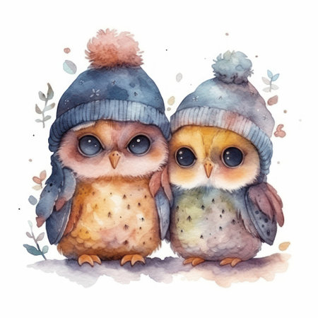 Two cute owls in warm hats. Watercolor illustration isolated on white background.の素材