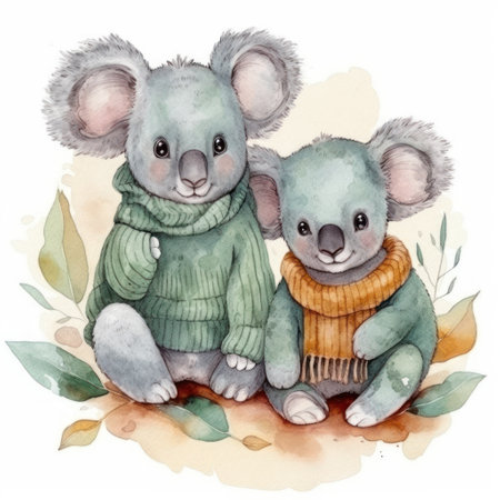 Cute koalas in warm clothes. watercolor illustration.の素材