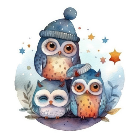 Cute cartoon owls in warm clothes. watercolor illustration.の素材