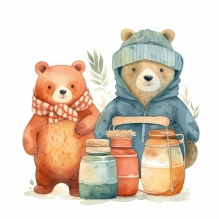 Watercolor vector illustration of two bears in winter clothes and a jar of honeyの素材