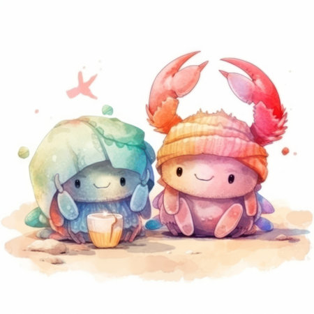 Cute cartoon crabs in winter hats and scarfs. watercolor illustrationの素材