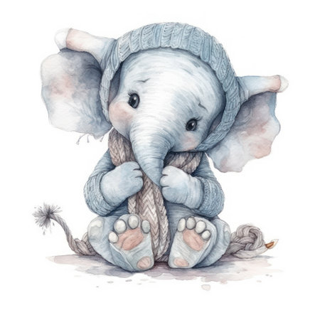 Cute baby elephant in a knitted cap. watercolor illustrationの素材