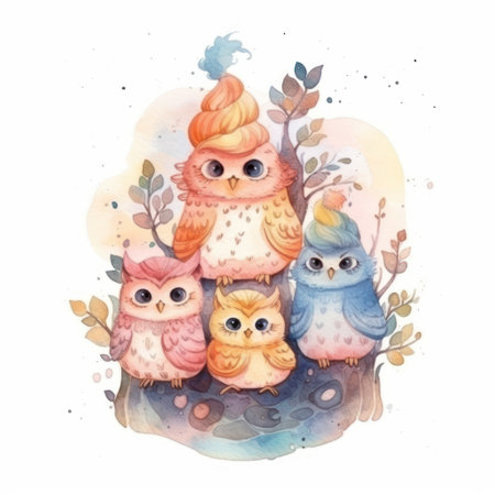 Watercolor illustration of a group of cute owls sitting on a tree branch.の素材