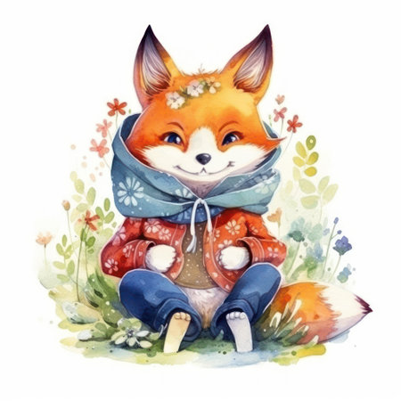 Watercolor illustration of a red fox in a scarf sitting on the grassの素材