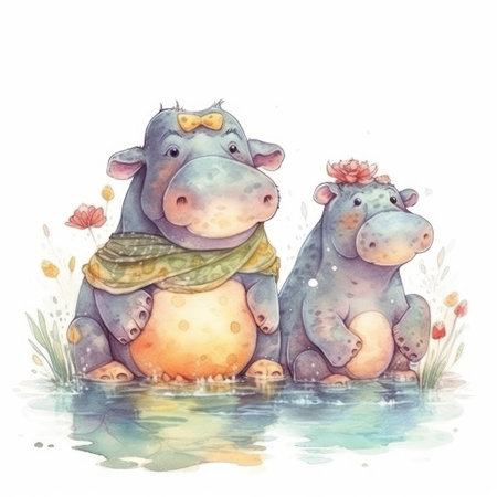 watercolor hippos. Hand drawn illustration isolated on white background.の素材