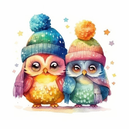 Watercolor illustration of two cute owls in winter hats and scarves.の素材