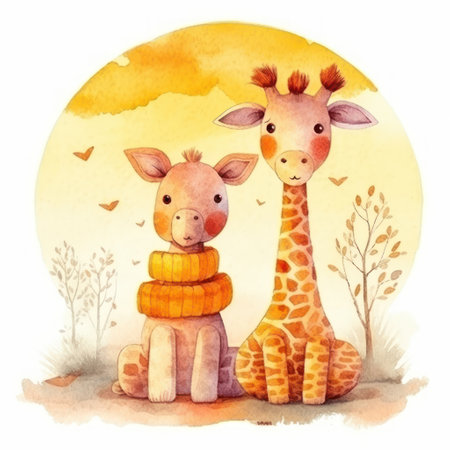 Watercolor illustration of two cute giraffes in the forest.の素材