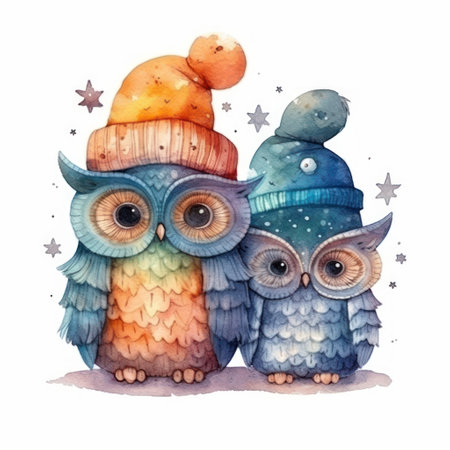 Cute cartoon owls in warm hats. watercolor illustration.の素材