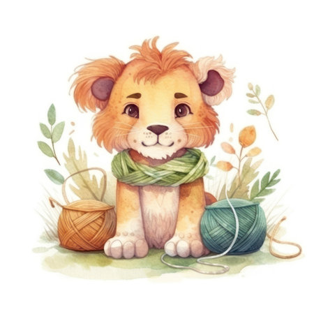 Watercolor illustration of a cute lion with a ball of yarn and flowersの素材