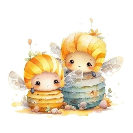 Watercolor illustration of a cute little bee and a sweet cookie.の素材