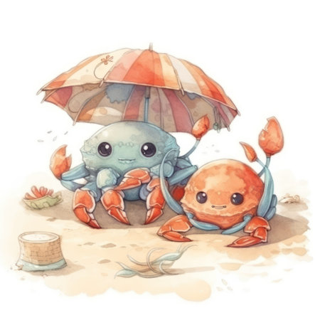Cute cartoon crab with umbrella on the beach. watercolor illustrationの素材