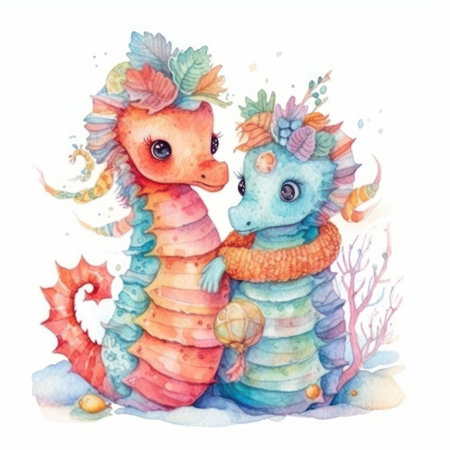 Watercolor illustration of a pair of seahorses in the seaの素材