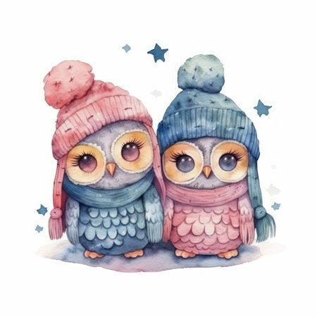 Watercolor illustration of two cute owls in winter hats and scarvesの素材
