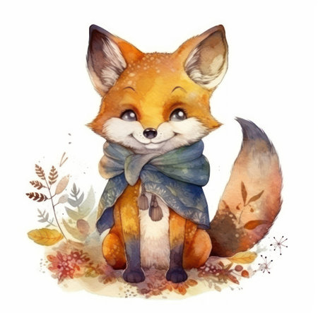 Watercolor illustration of a cute fox in a scarf on a white backgroundの素材