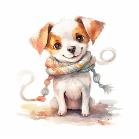 Cute Jack Russell Terrier puppy in a scarf. watercolor illustrationの素材