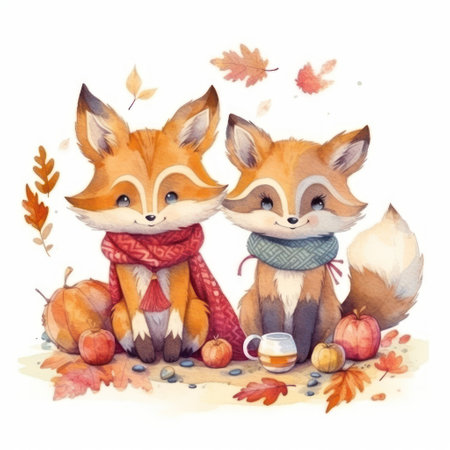 Watercolor illustration of a couple of foxes in warm clothes and autumn leaves.の素材