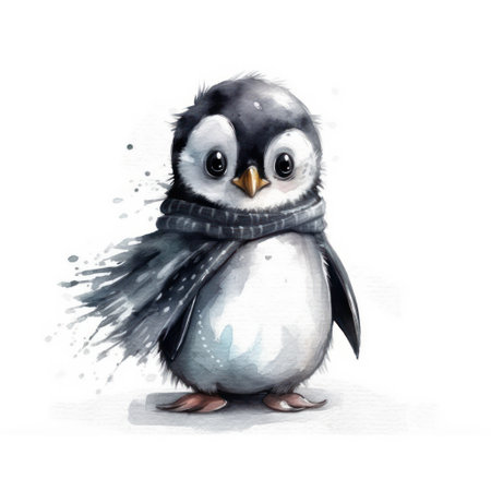 Penguin with a scarf, watercolor illustration on a white backgroundの素材