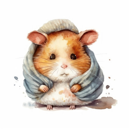 Cute hamster in a warm hat. watercolor illustration.の素材
