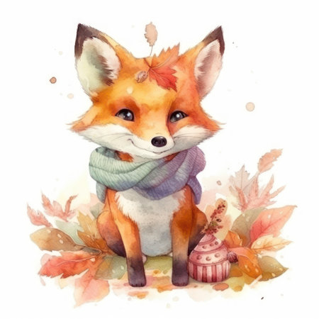 Cute watercolor fox in scarf with cupcake and autumn leavesの素材