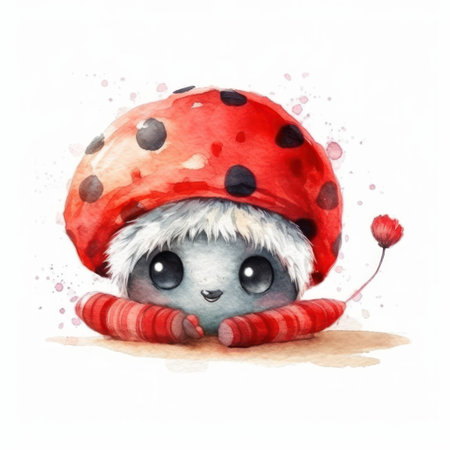 Watercolor illustration of a cute little ladybug in a hat. isolated on white background.の素材