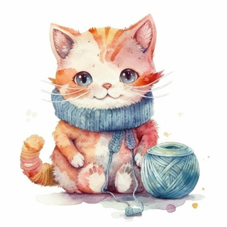 Cute cat in a knitted scarf. watercolor illustration.の素材
