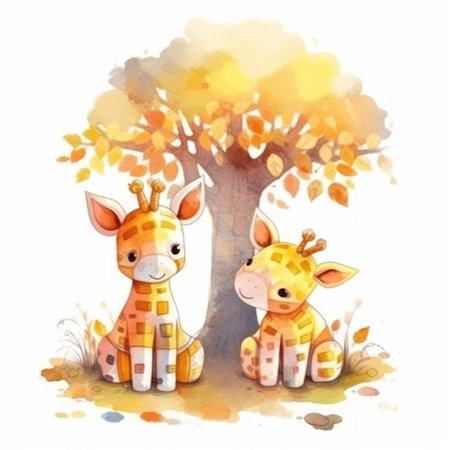 Watercolor illustration of two cute giraffes sitting under a treeの素材