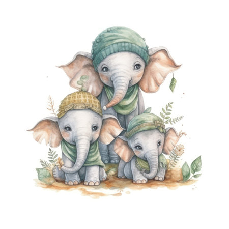 Watercolor illustration of an elephant family in a hat and scarf.の素材