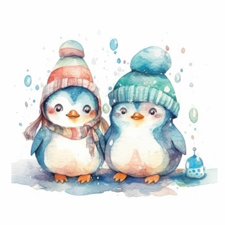 Cute cartoon penguins in hats and scarves. watercolor illustrationの素材