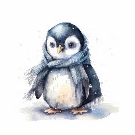 Penguin with scarf. watercolor illustration on white background.の素材