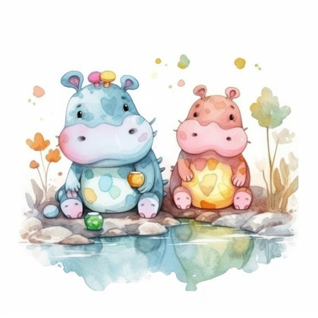 Watercolor cute hippos sitting on the river bank. hand drawn illustrationの素材